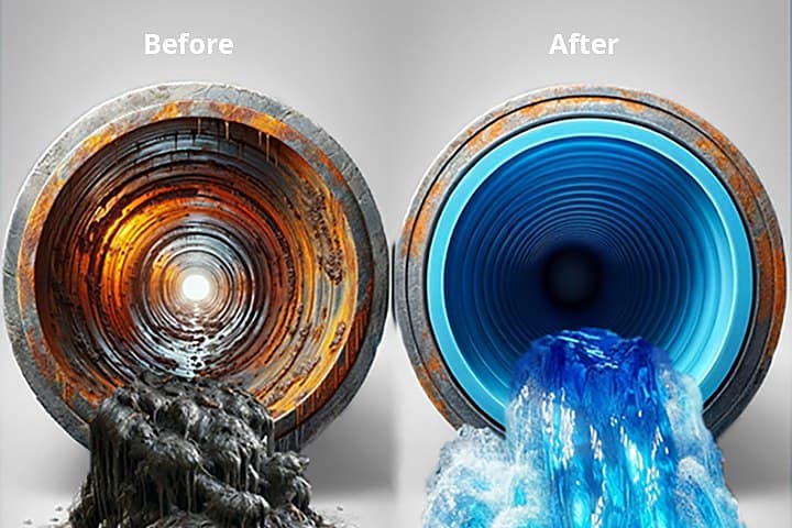 Trenchless no-dig sewer pipe before and after